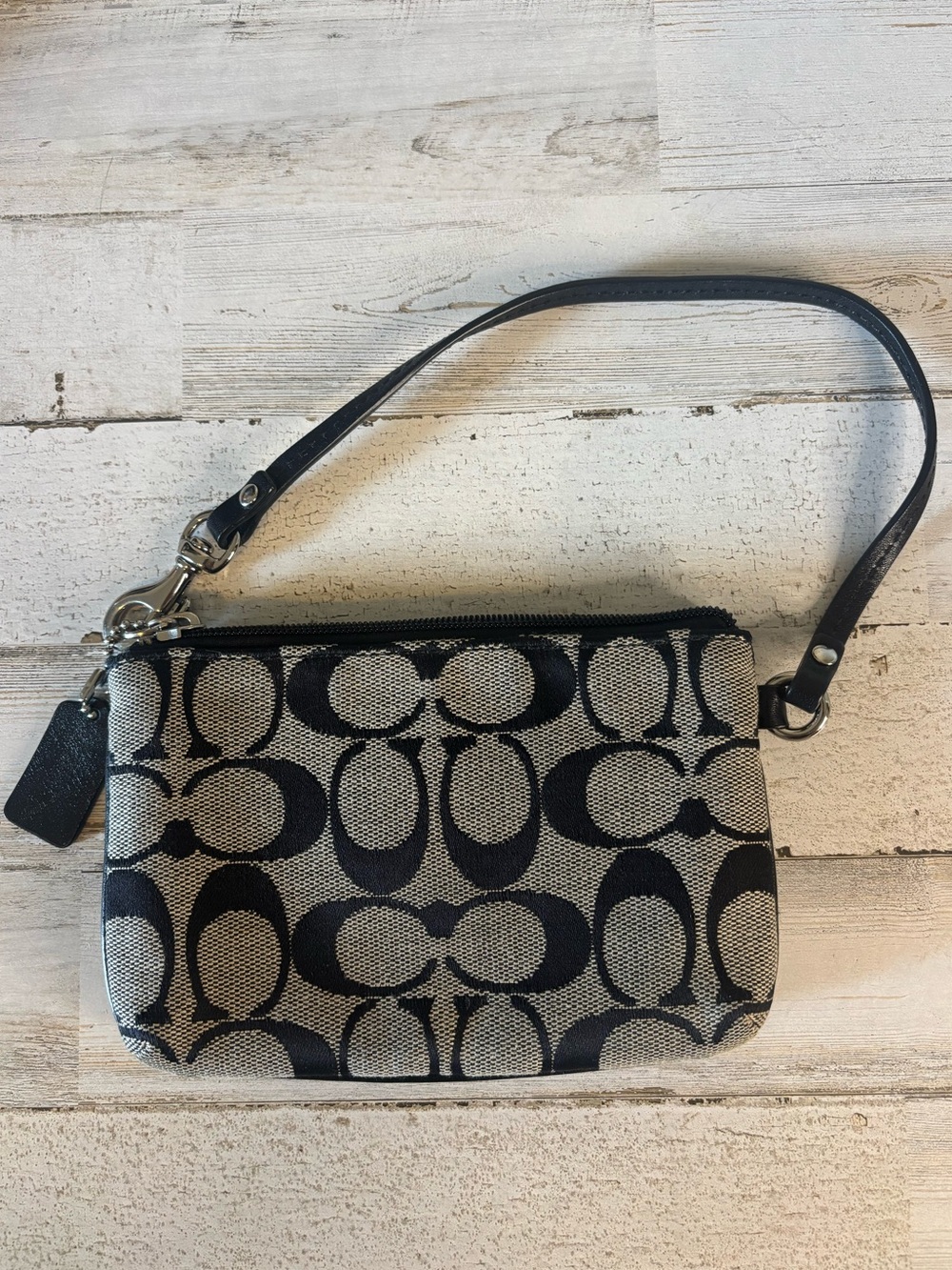 Coach Signature Canvas Wristlet Zippered Coin Wallet Black/White/Beige y2K 4x6 - Picture 2 of 11